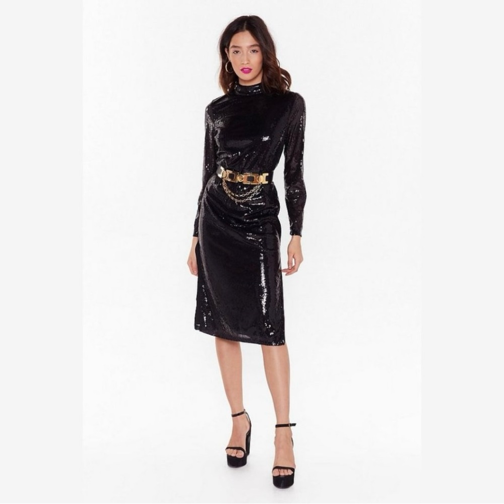 NWT Nasty Gal Long Sleeve Sequin High Neck Midi Dress with Side Slit - 4 / Small